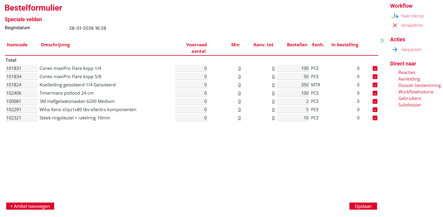 Bestelformulier InSite screenshot